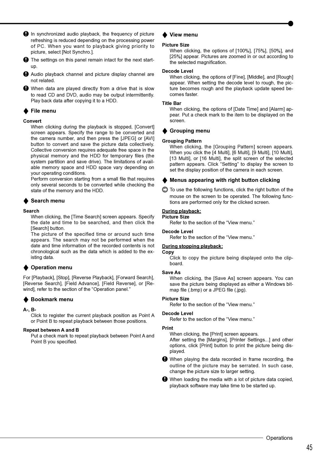 Mitsubishi Electronics DX-TL4516U File menu, Search menu, Operation menu, Bookmark menu, View menu, Grouping menu 