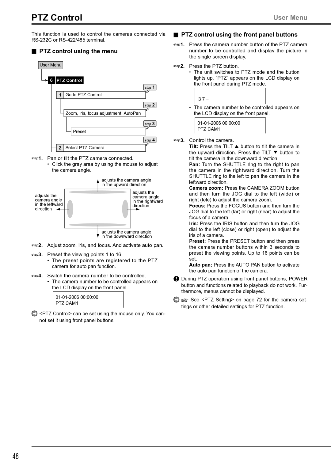 Mitsubishi Electronics DX-TL4516U PTZ Control, PTZ control using the menu, PTZ control using the front panel buttons 