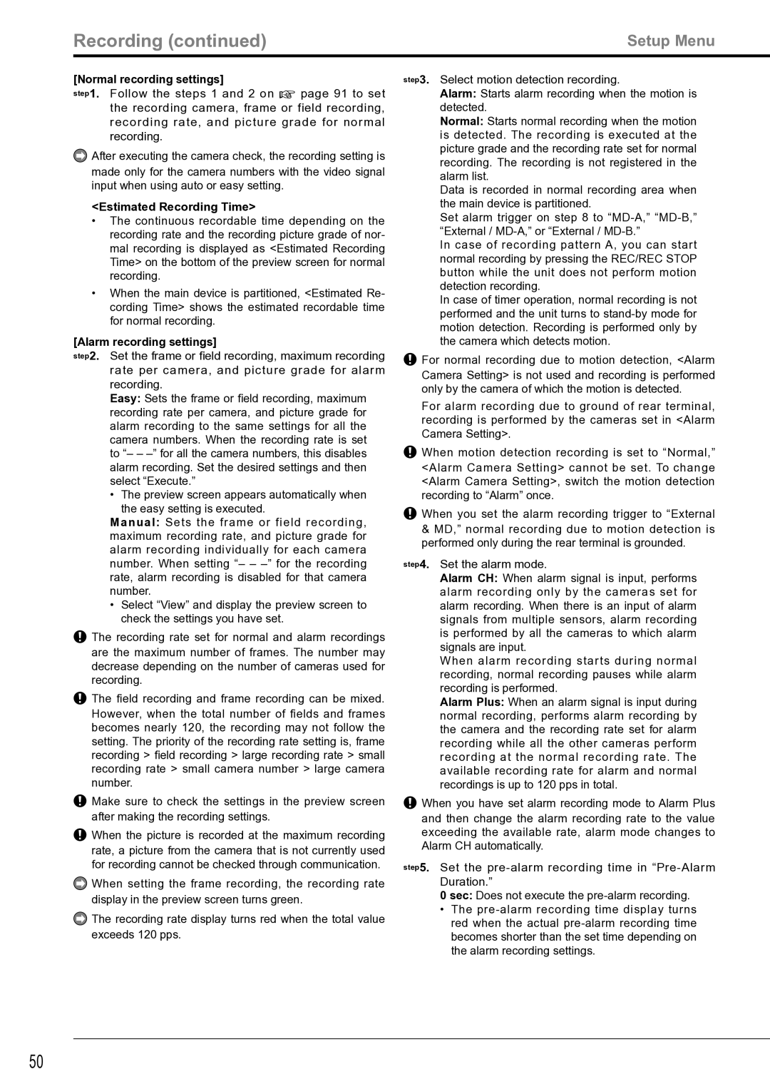 Mitsubishi Electronics DX-TL4516U Normal recording settings, Estimated Recording Time, Alarm recording settings 