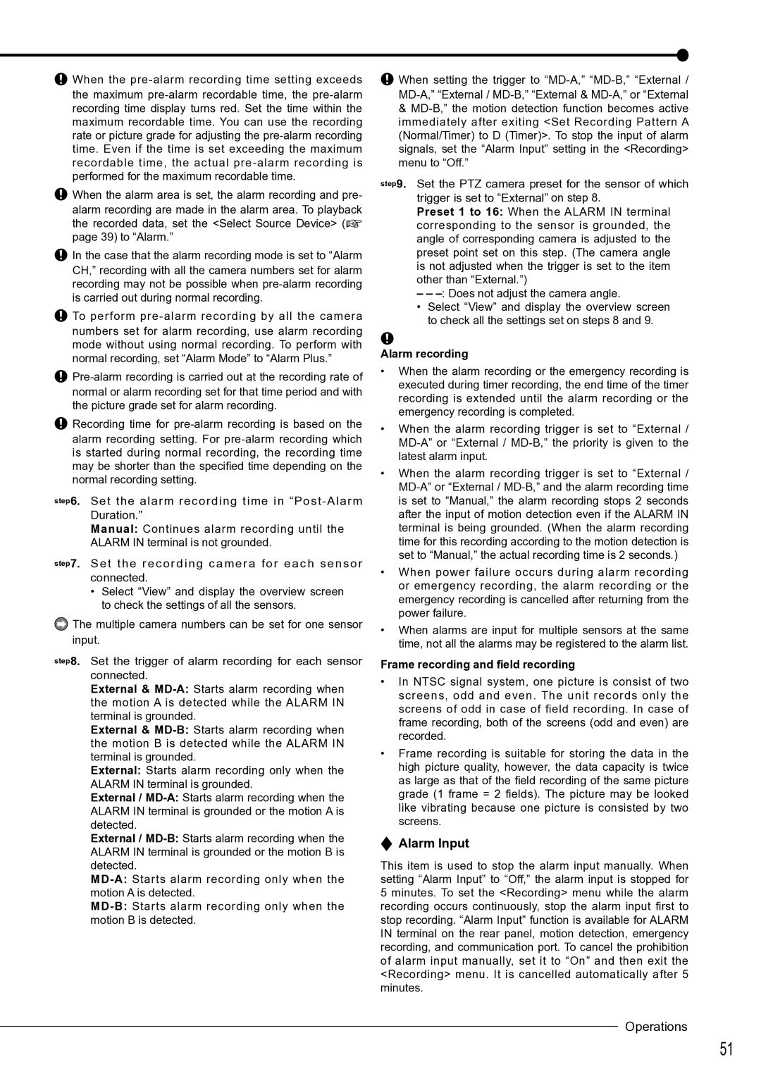 Mitsubishi Electronics DX-TL4516U instruction manual Alarm Input, Alarm recording, Frame recording and ﬁeld recording 