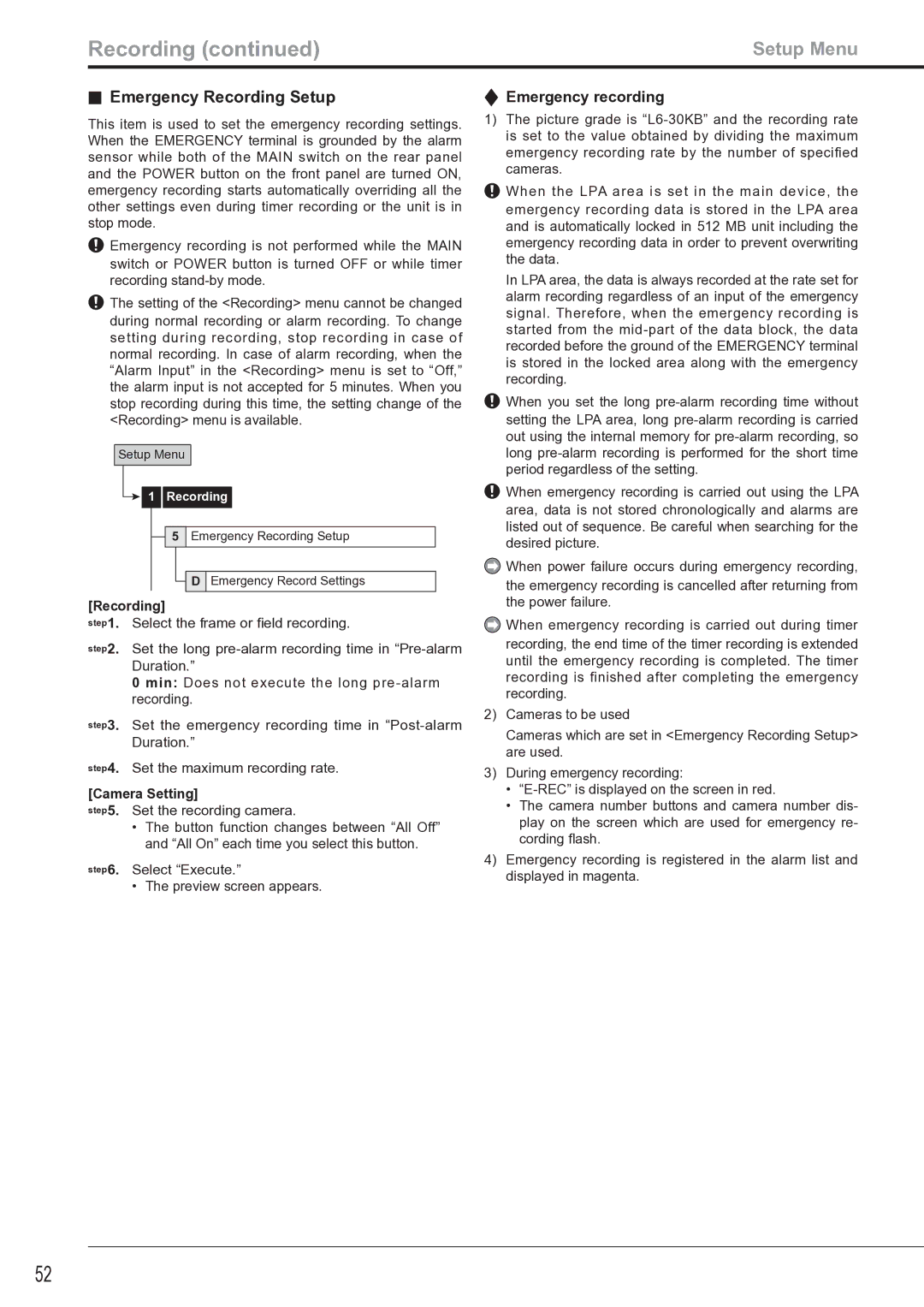 Mitsubishi Electronics DX-TL4516U instruction manual Emergency Recording Setup, Emergency recording, Camera Setting 