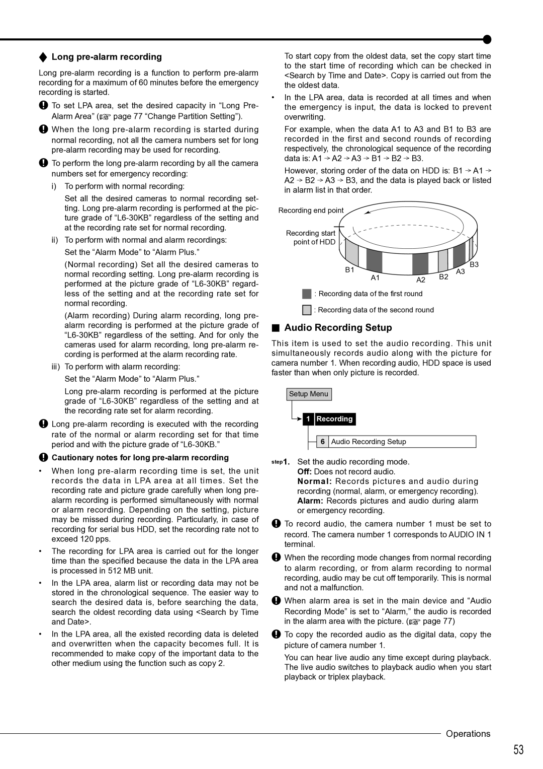 Mitsubishi Electronics DX-TL4516U instruction manual Audio Recording Setup, Long pre-alarm recording 