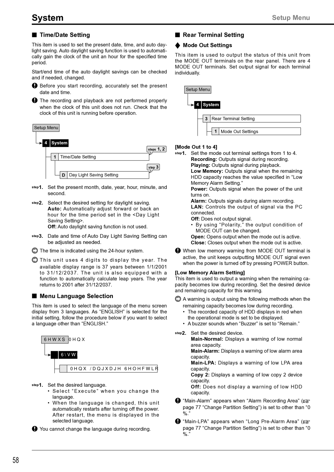 Mitsubishi Electronics DX-TL4516U System, Time/Date Setting, Menu Language Selection, Rear Terminal Setting 