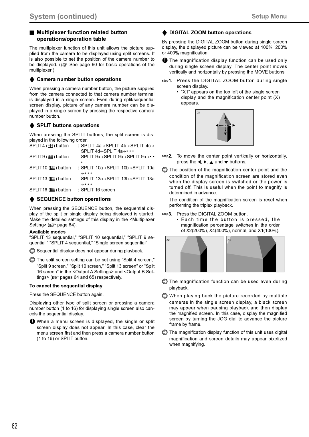 Mitsubishi Electronics DX-TL4516U Camera number button operations, Split buttons operations, Sequence button operations 