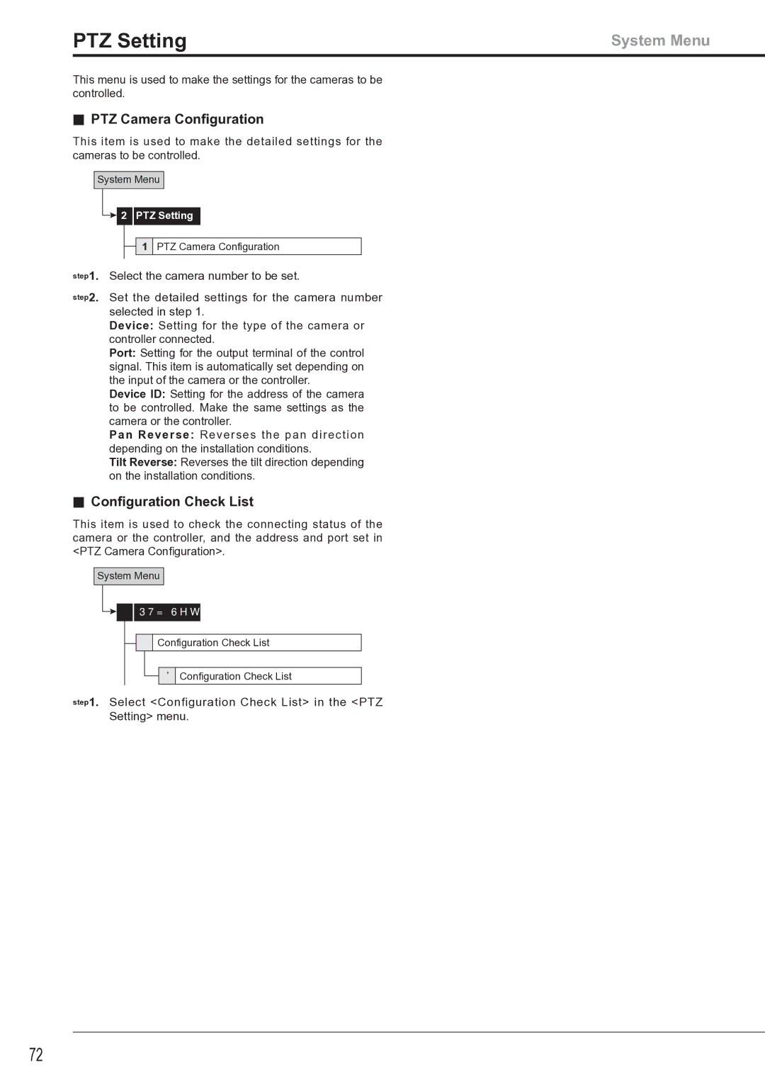 Mitsubishi Electronics DX-TL4516U instruction manual PTZ Setting, PTZ Camera Conﬁguration, Conﬁguration Check List 