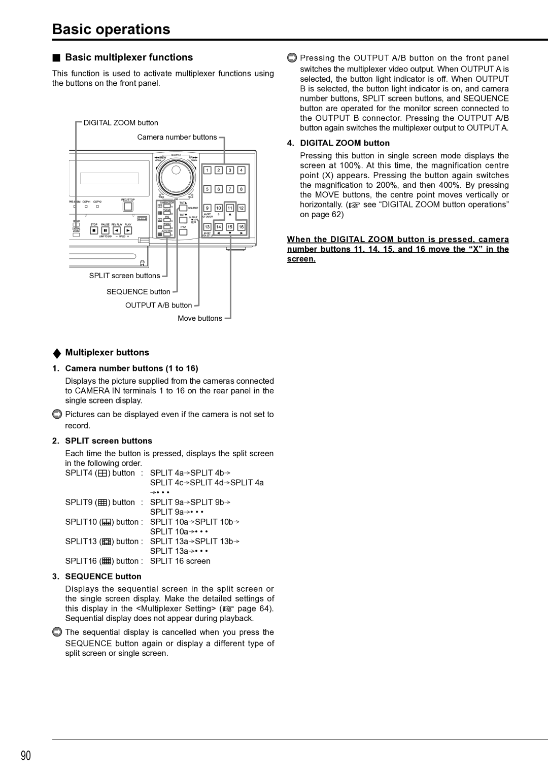 Mitsubishi Electronics DX-TL4516U instruction manual Basic operations, Basic multiplexer functions, Multiplexer buttons 