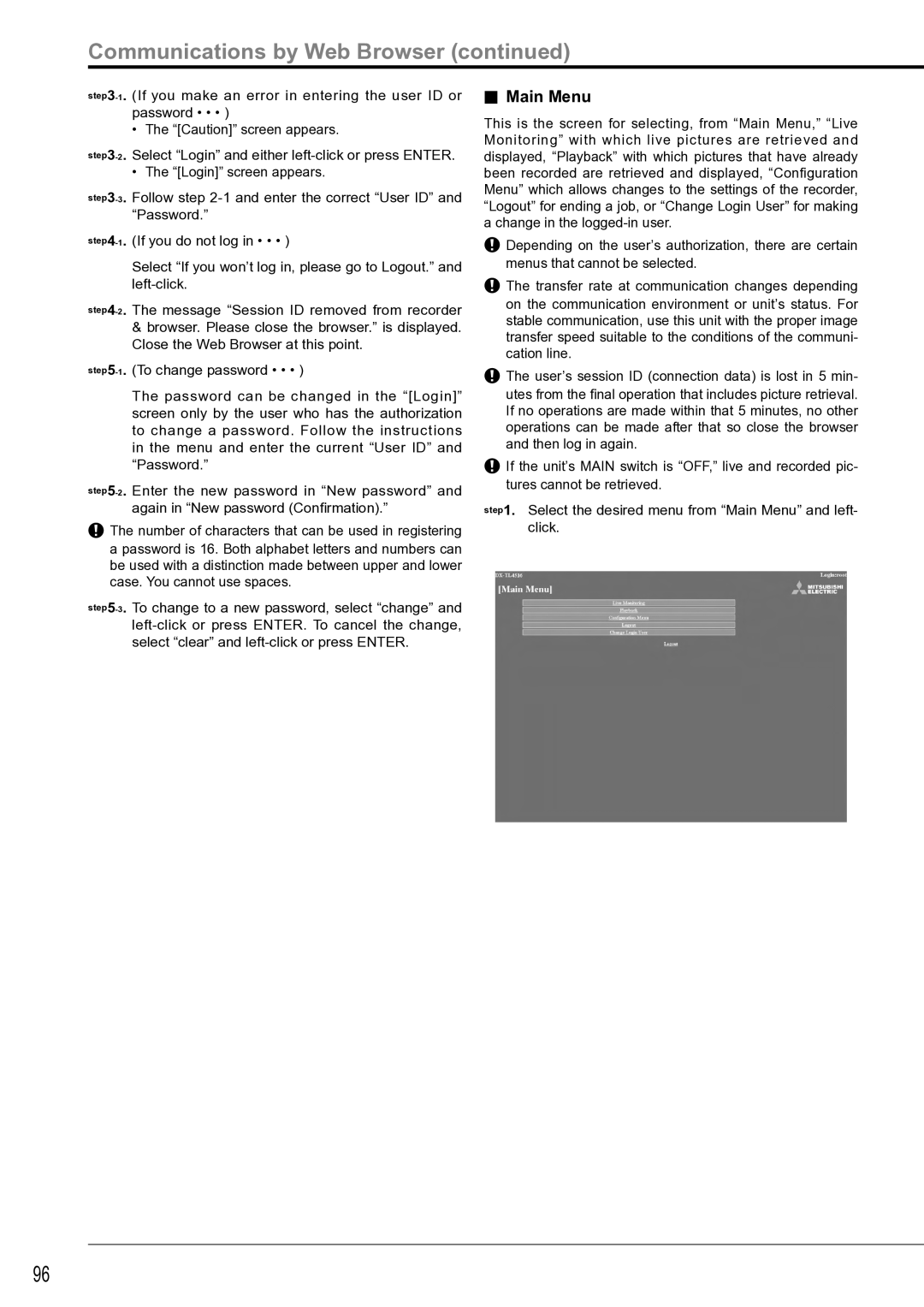 Mitsubishi Electronics DX-TL4516U instruction manual Communications by Web Browser, Main Menu 