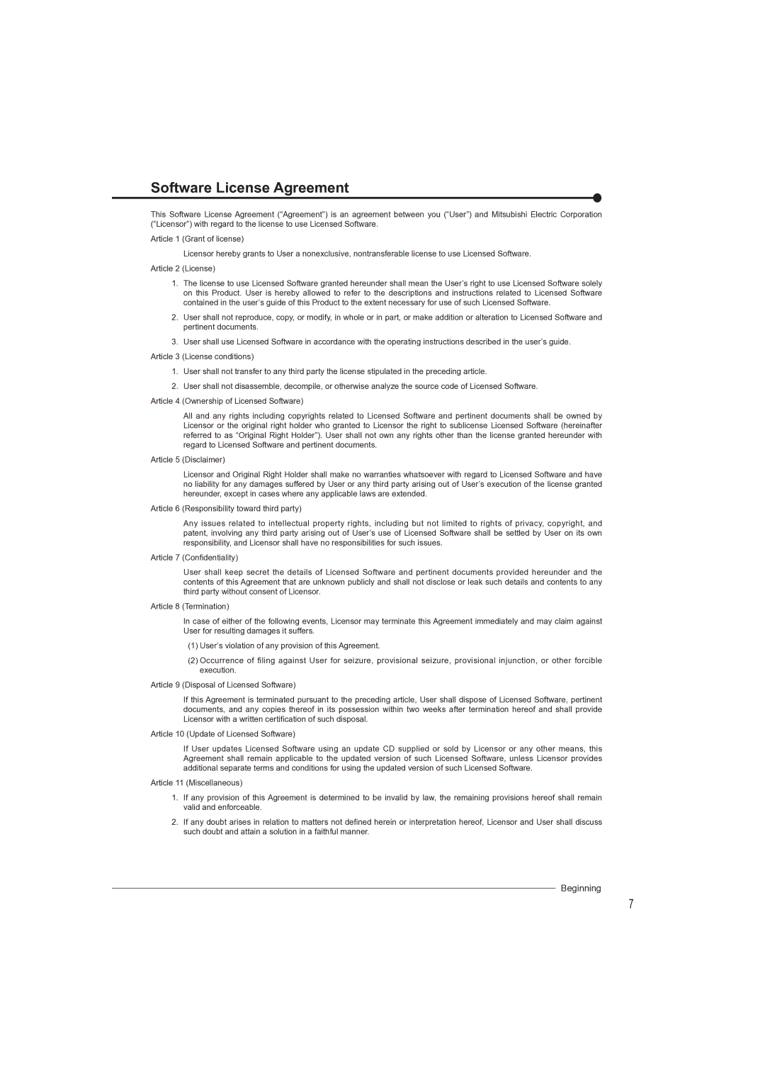 Mitsubishi Electronics DX-TL4709U instruction manual Software License Agreement 