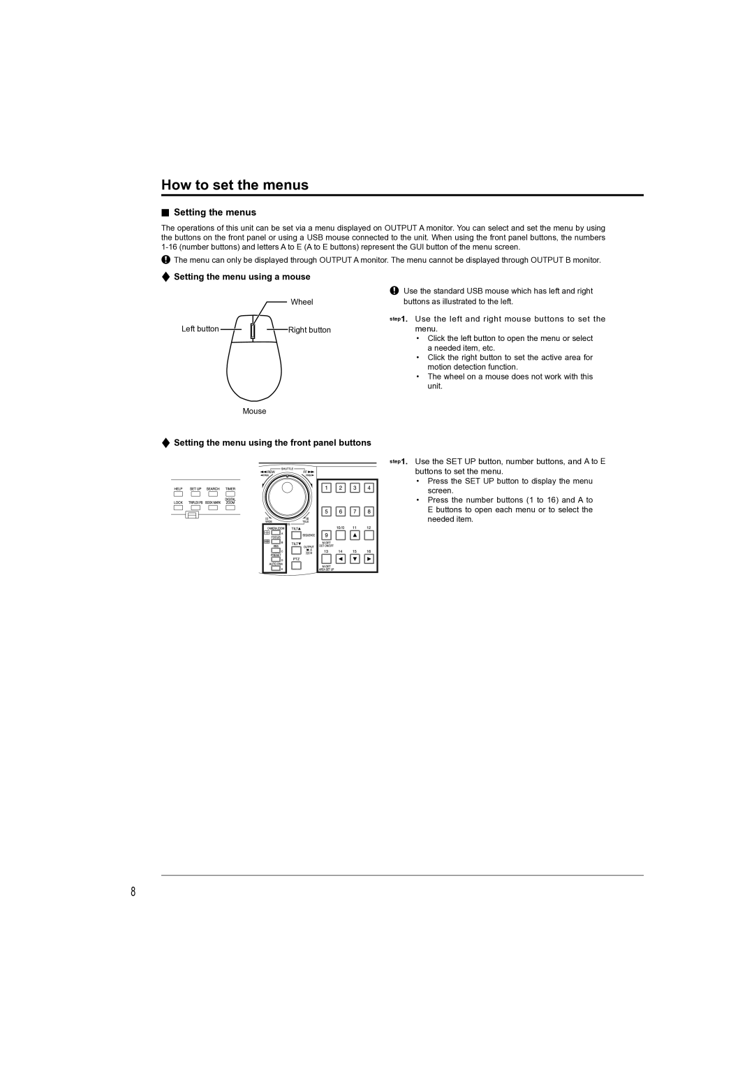 Mitsubishi Electronics DX-TL4709U How to set the menus, Setting the menus, Setting the menu using a mouse 