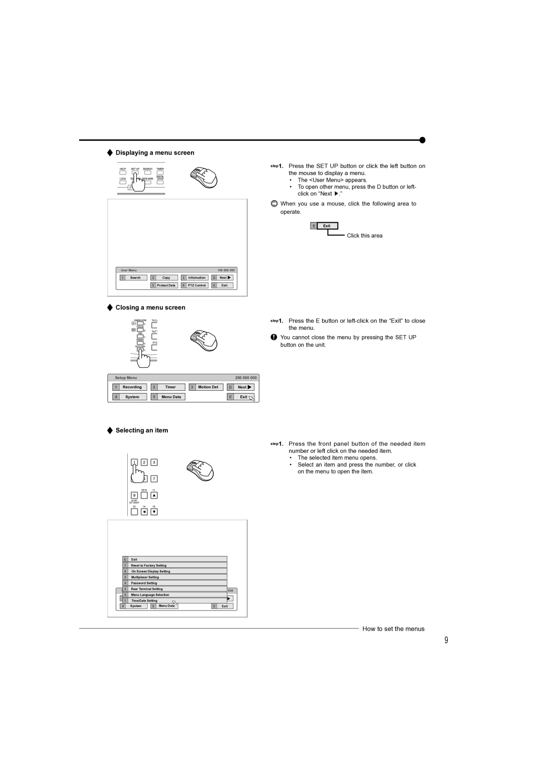 Mitsubishi Electronics DX-TL4709U instruction manual Displaying a menu screen, Closing a menu screen, Selecting an item 