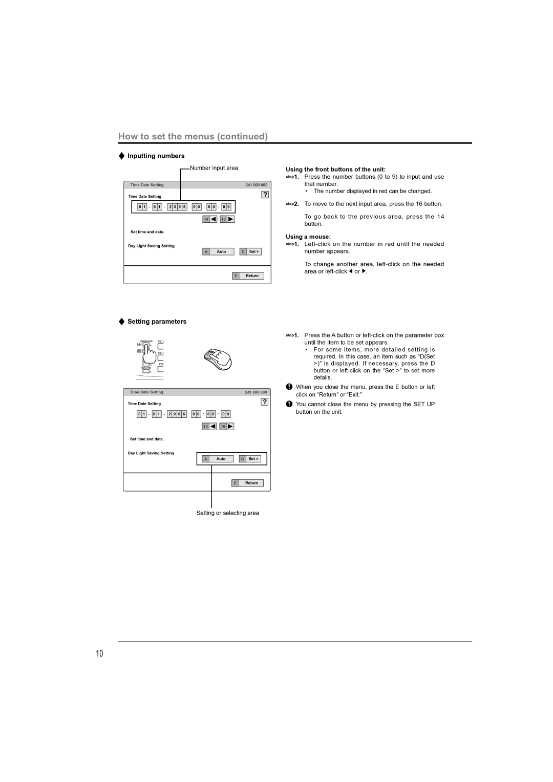 Mitsubishi Electronics DX-TL4709U Inputting numbers, Setting parameters, Using the front buttons of the unit 