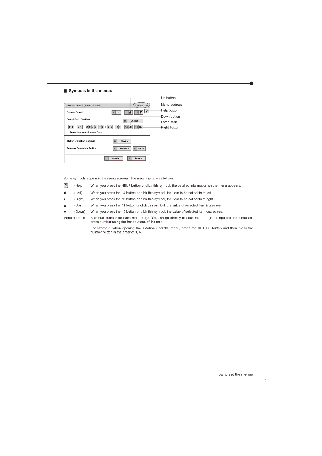 Mitsubishi Electronics DX-TL4709U instruction manual Symbols in the menus, Motion Search Main Normal 116 000 