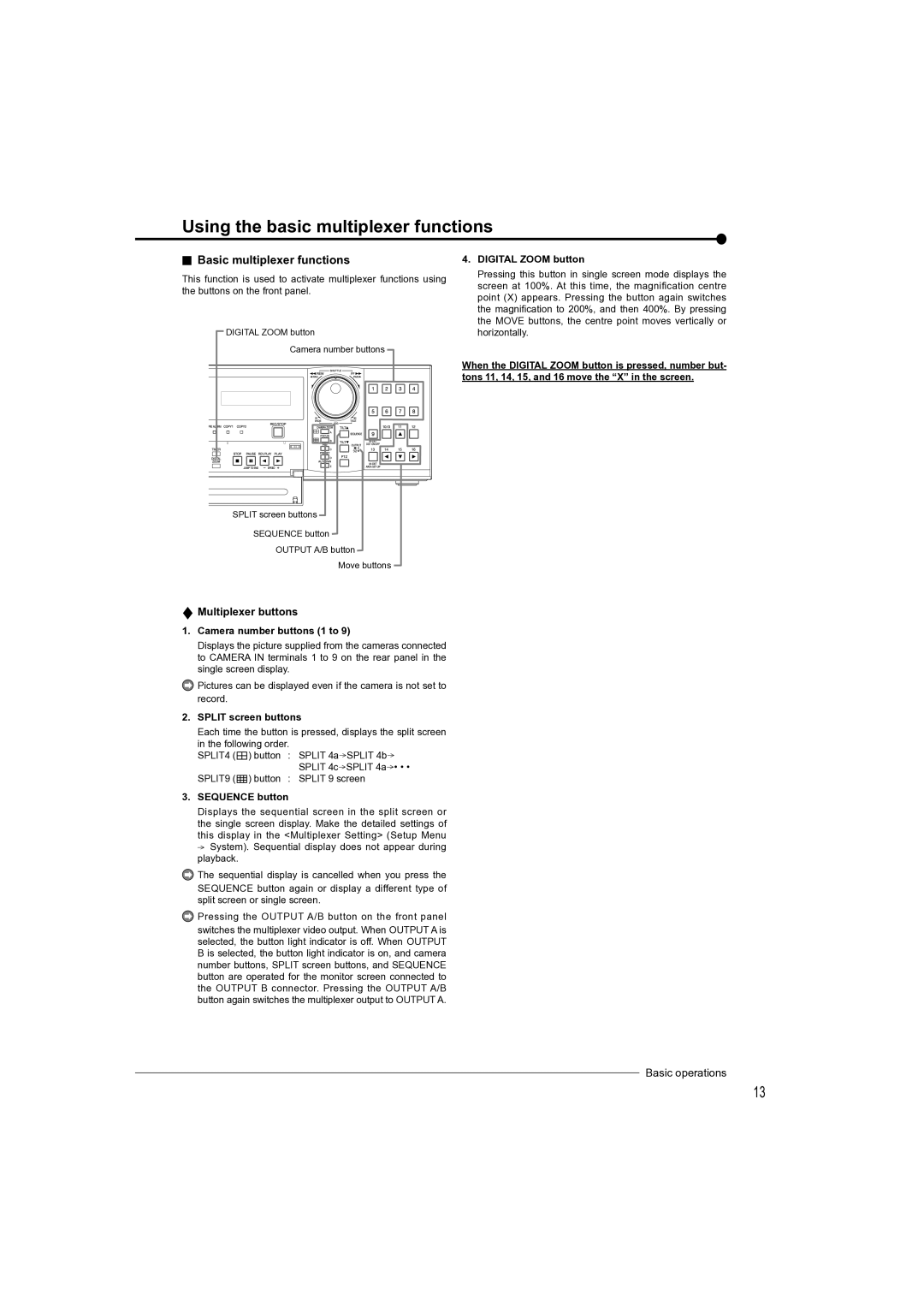 Mitsubishi Electronics DX-TL4709U Using the basic multiplexer functions, Basic multiplexer functions, Multiplexer buttons 