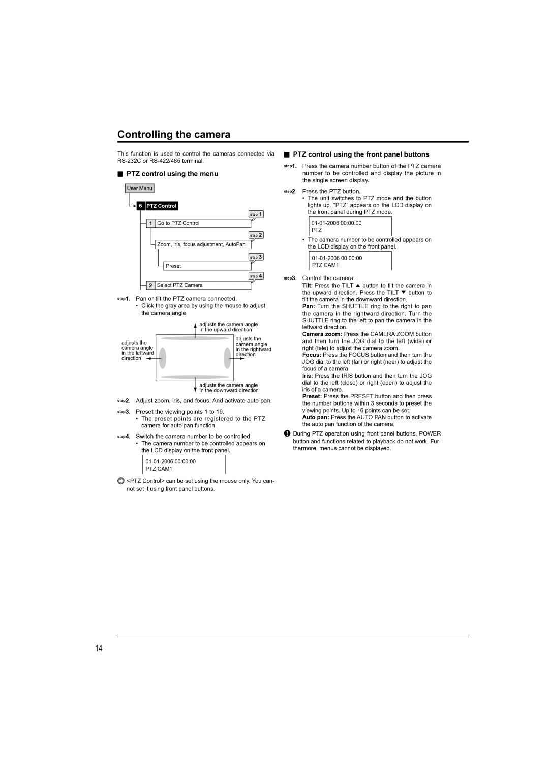 Mitsubishi Electronics DX-TL4709U instruction manual Controlling the camera, PTZ control using the menu 