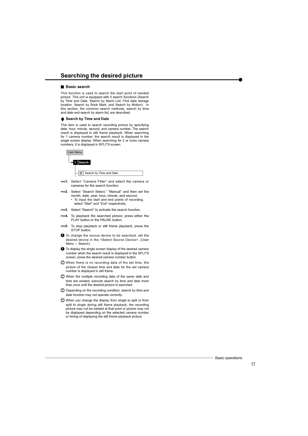 Mitsubishi Electronics DX-TL4709U instruction manual Searching the desired picture, Basic search, Search by Time and Date 