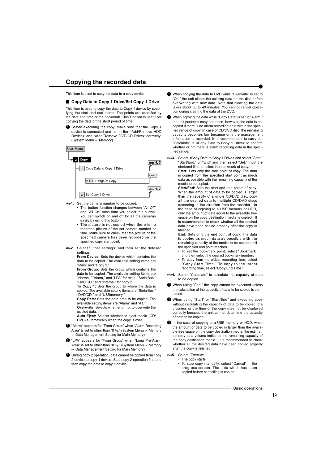 Mitsubishi Electronics DX-TL4709U instruction manual Copying the recorded data, Copy Data to Copy 1 Drive/Set Copy 1 Drive 