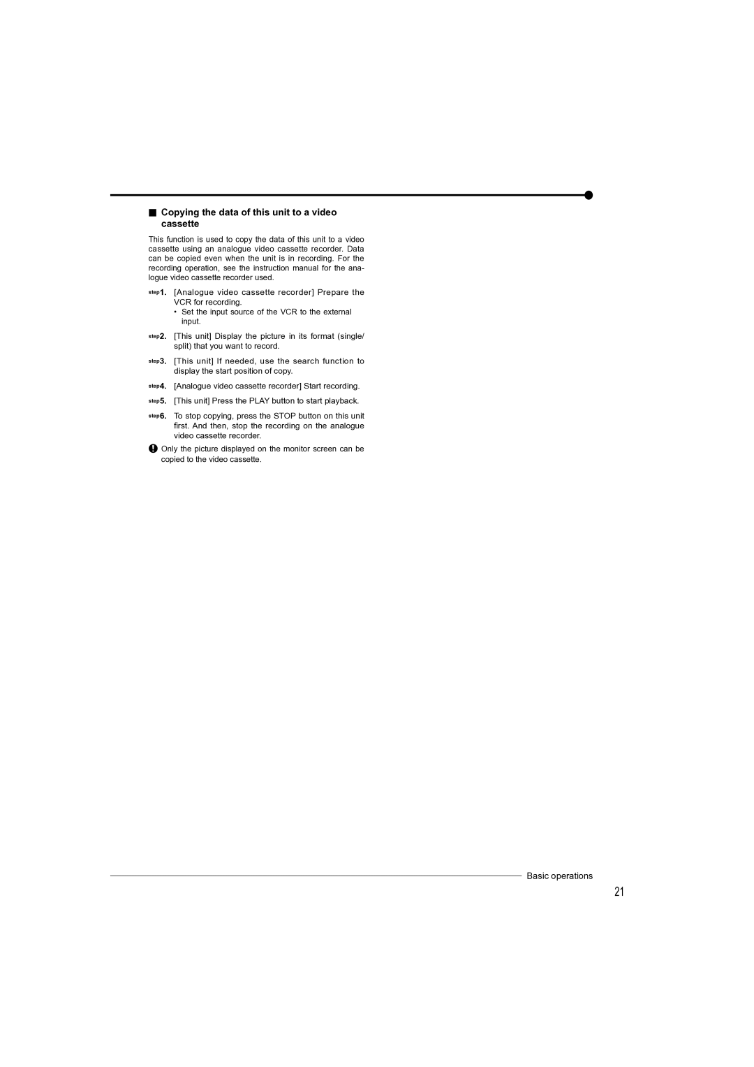 Mitsubishi Electronics DX-TL4709U instruction manual Copying the data of this unit to a video cassette 