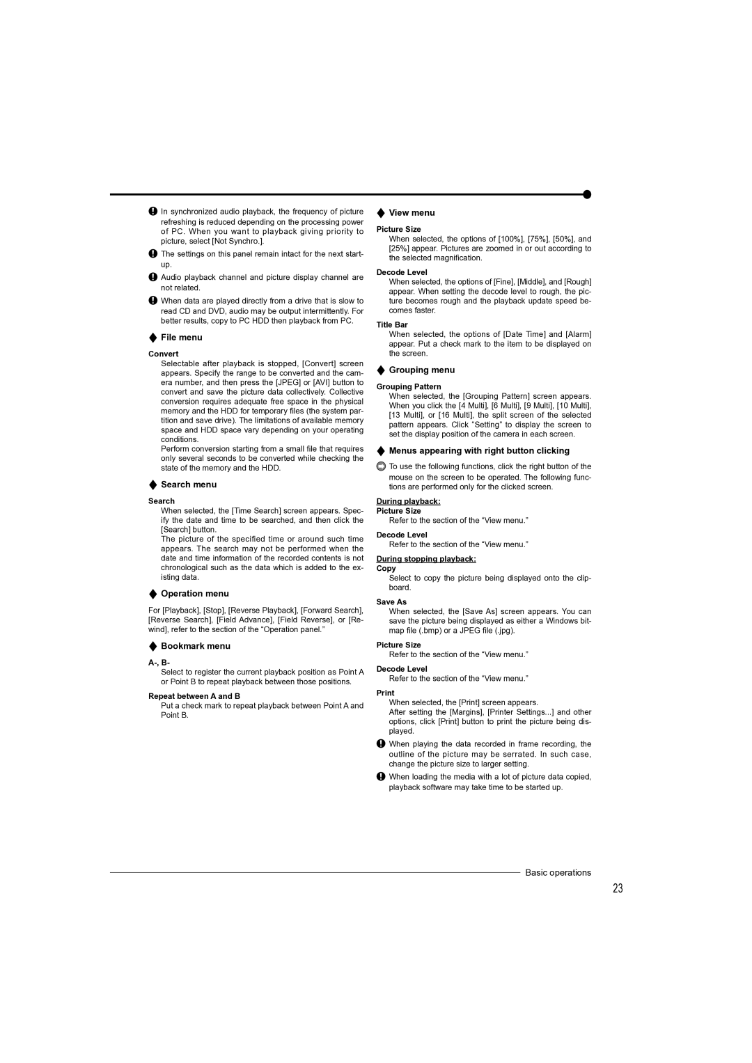 Mitsubishi Electronics DX-TL4709U File menu, Search menu, Operation menu, Bookmark menu, View menu, Grouping menu 