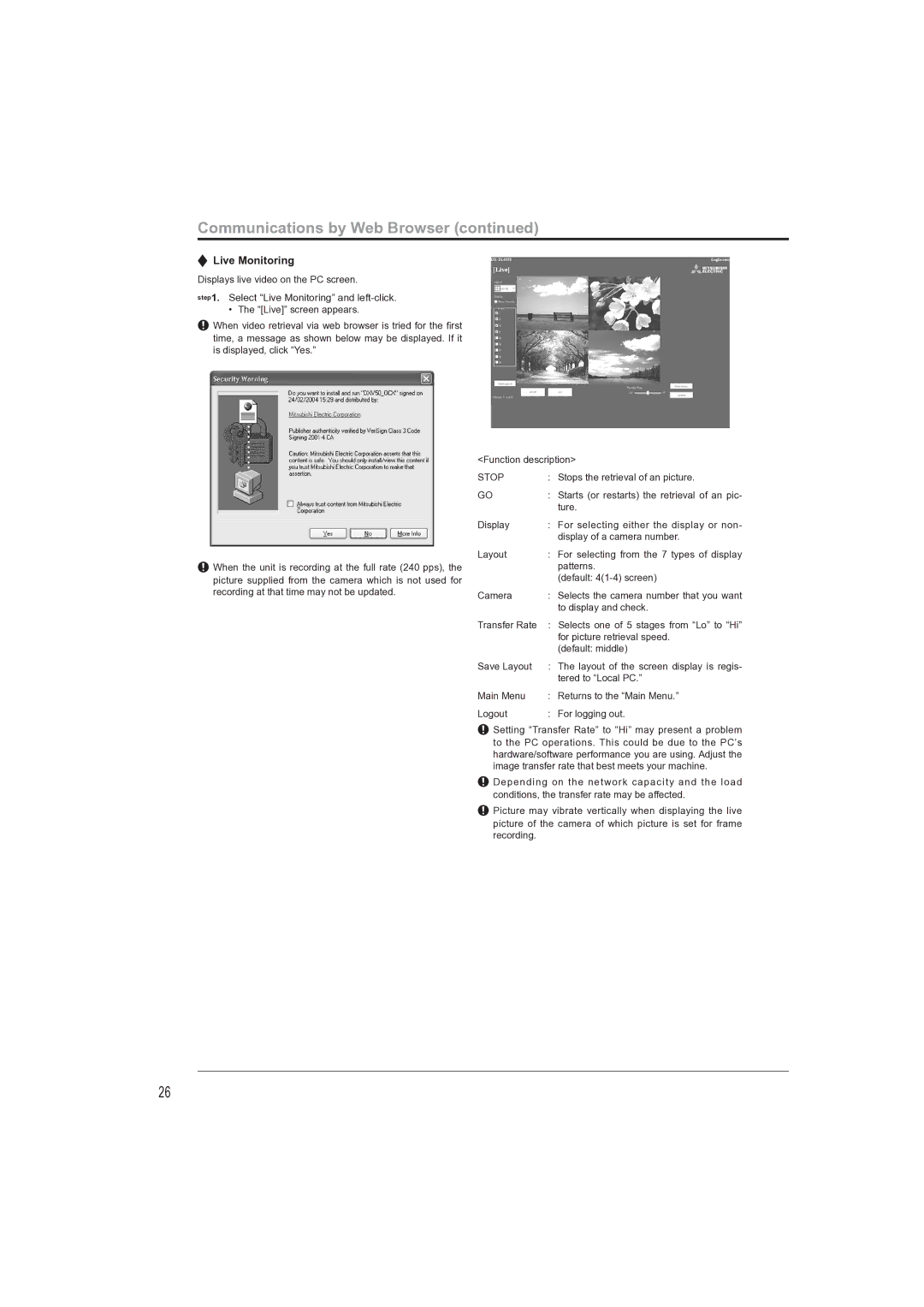 Mitsubishi Electronics DX-TL4709U instruction manual Communications by Web Browser, Live Monitoring 