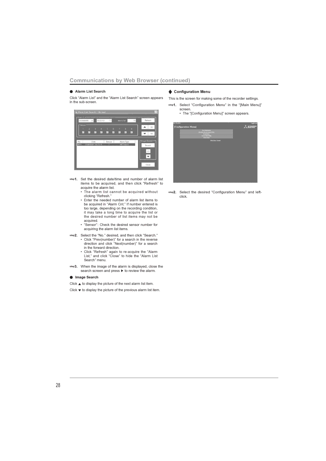 Mitsubishi Electronics DX-TL4709U instruction manual Conﬁguration Menu, Alarm List Search, Image Search 