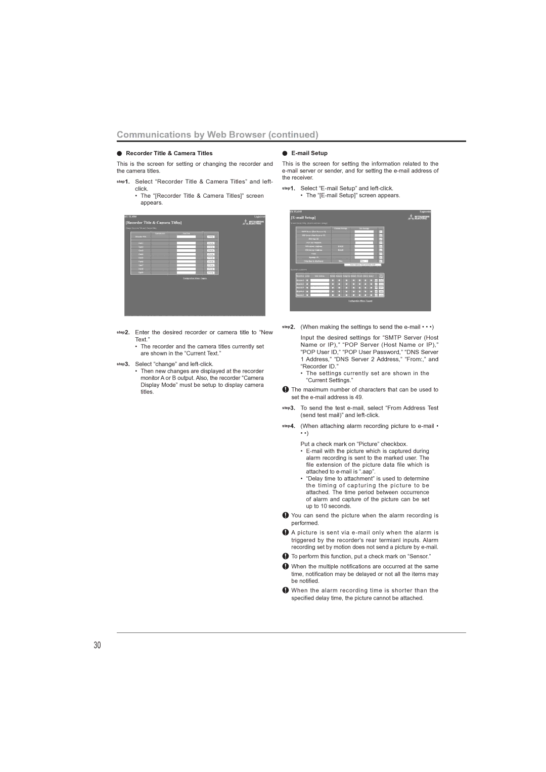 Mitsubishi Electronics DX-TL4709U instruction manual Recorder Title & Camera Titles, Mail Setup 