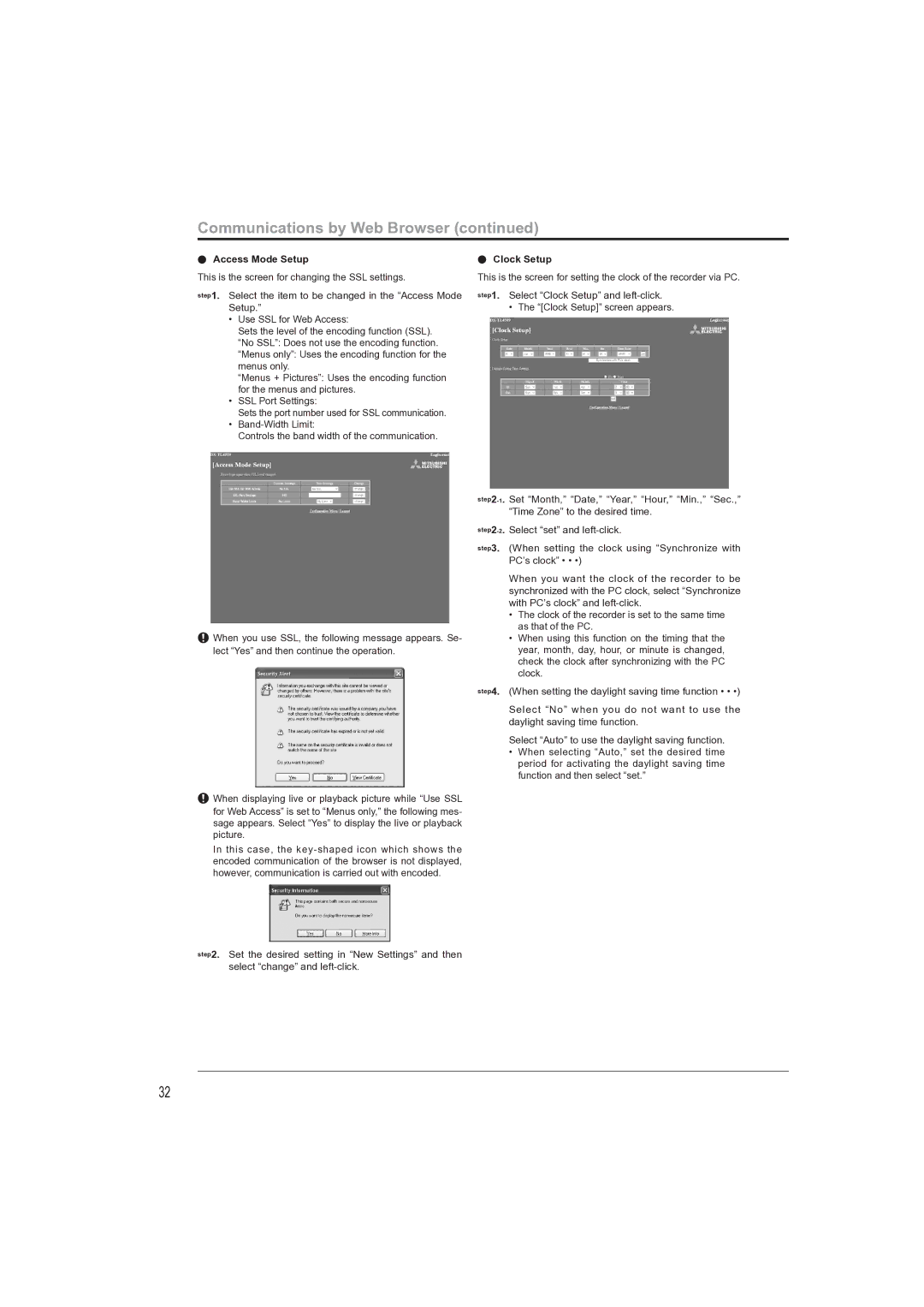 Mitsubishi Electronics DX-TL4709U instruction manual Access Mode Setup, Clock Setup 