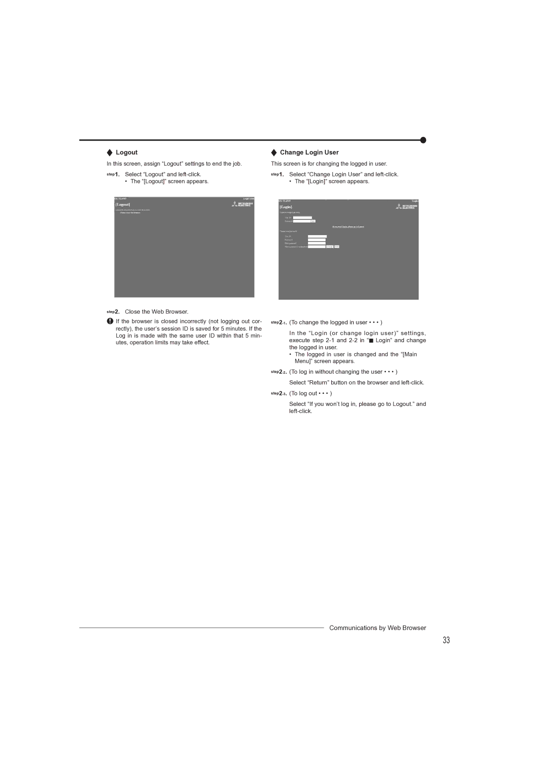 Mitsubishi Electronics DX-TL4709U instruction manual Logout Change Login User 