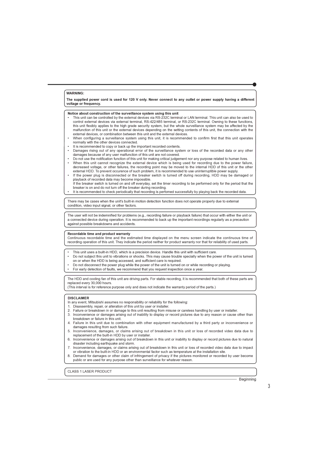 Mitsubishi Electronics DX-TL4709U instruction manual Recordable time and product warranty, Disclaimer 