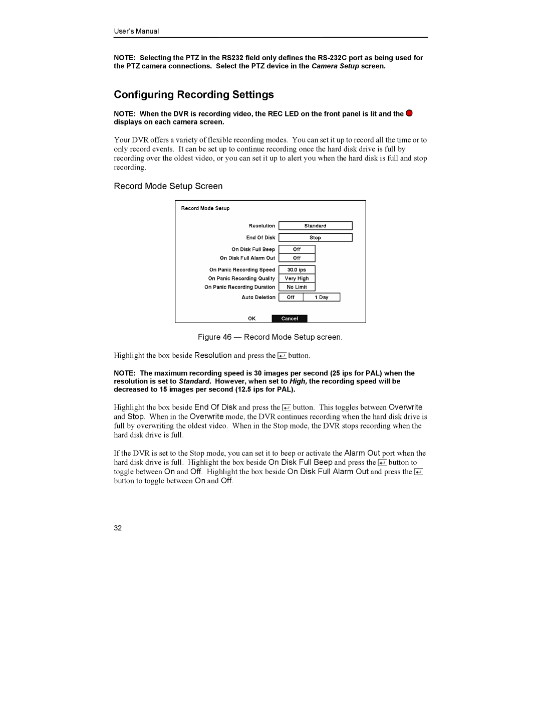 Mitsubishi Electronics DX-TL4U manual Configuring Recording Settings, Record Mode Setup Screen 