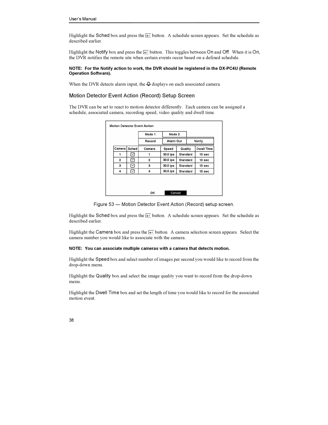 Mitsubishi Electronics DX-TL4U manual Motion Detector Event Action Record setup screen 