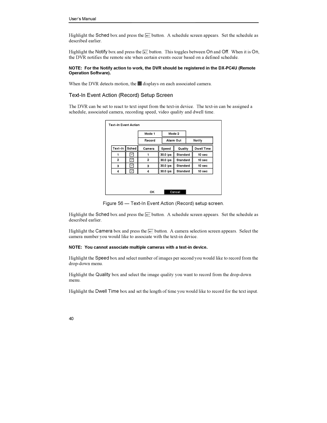 Mitsubishi Electronics DX-TL4U manual Text-In Event Action Record setup screen 