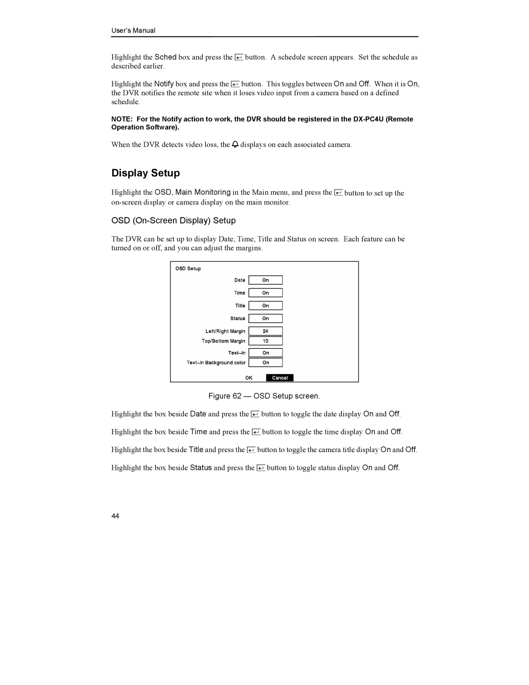 Mitsubishi Electronics DX-TL4U manual OSD On-Screen Display Setup 