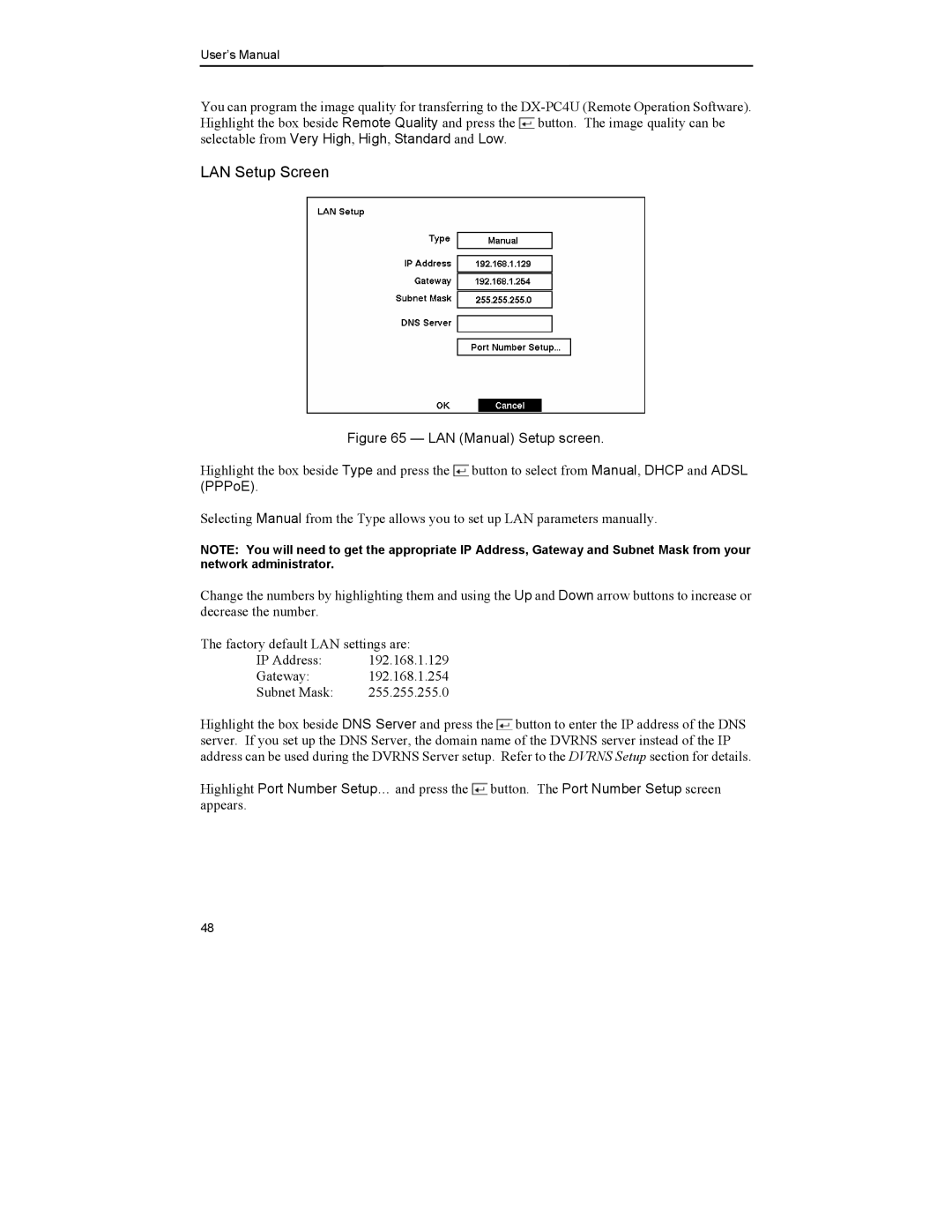 Mitsubishi Electronics DX-TL4U manual LAN Setup Screen, LAN Manual Setup screen 