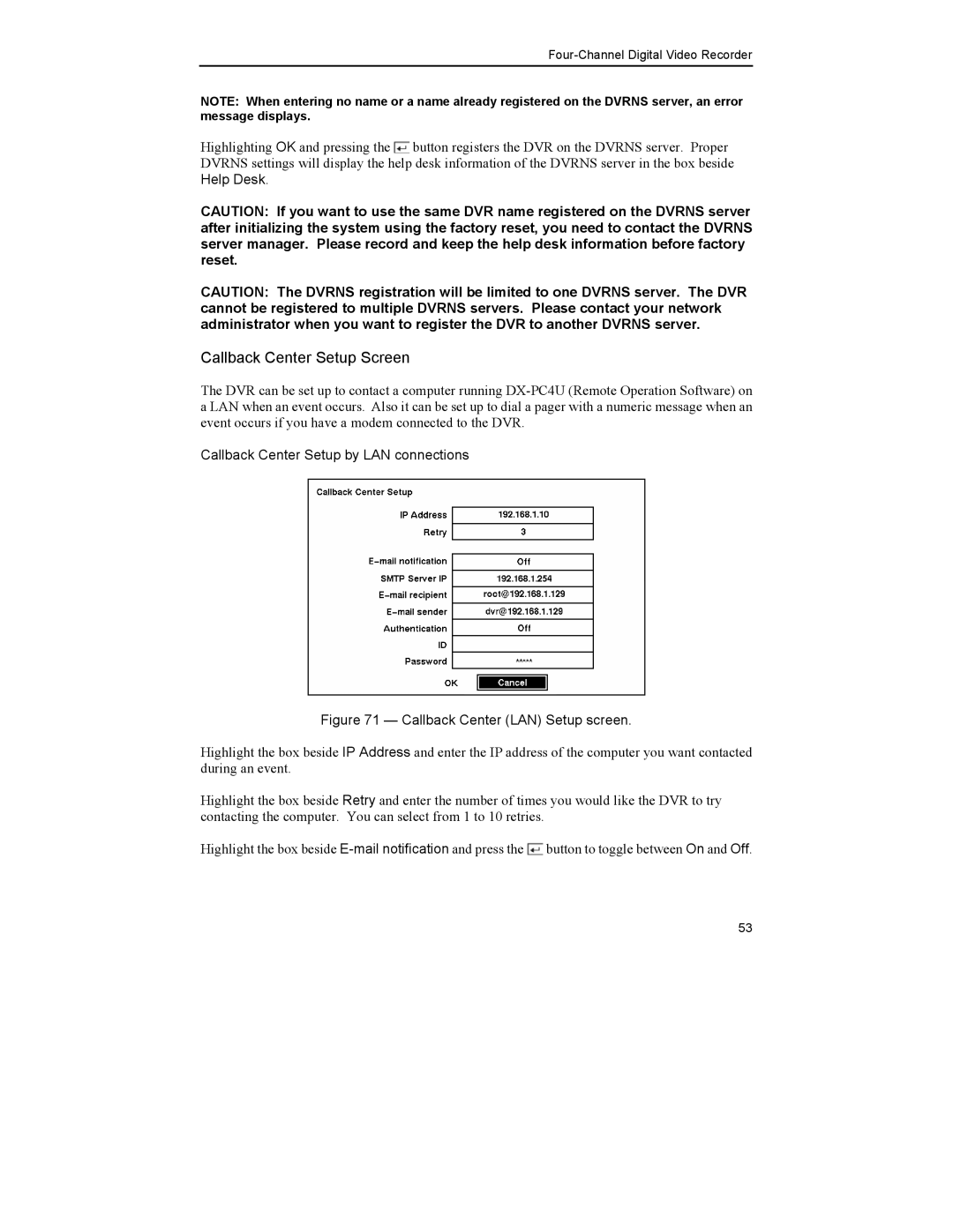 Mitsubishi Electronics DX-TL4U manual Callback Center LAN Setup screen 