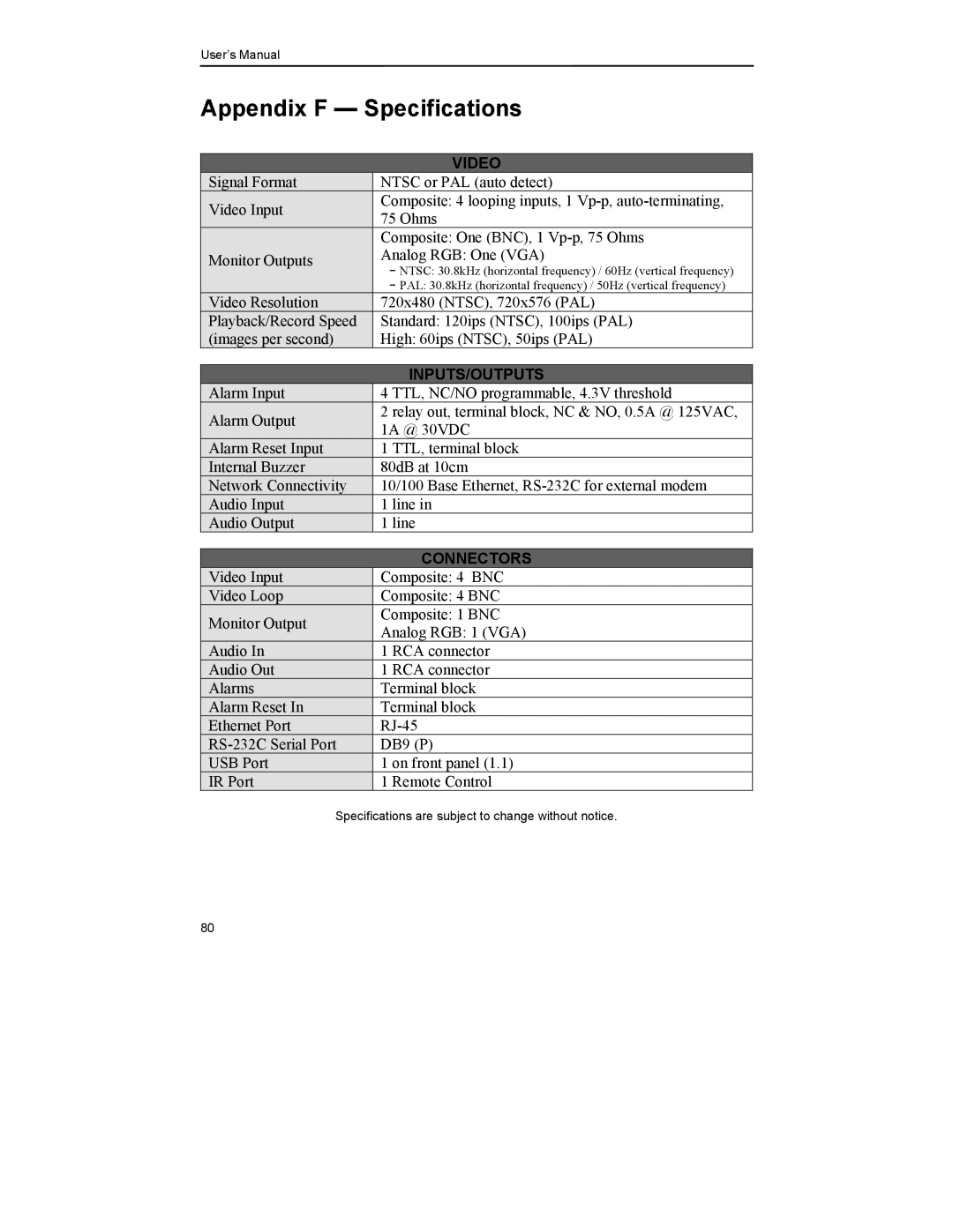 Mitsubishi Electronics DX-TL4U manual Appendix F Specifications, Video 