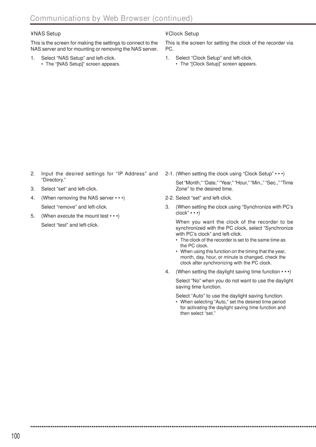 Mitsubishi Electronics DX-TL5000E instruction manual 100, Select NAS Setup and left-click, Clock Setup 