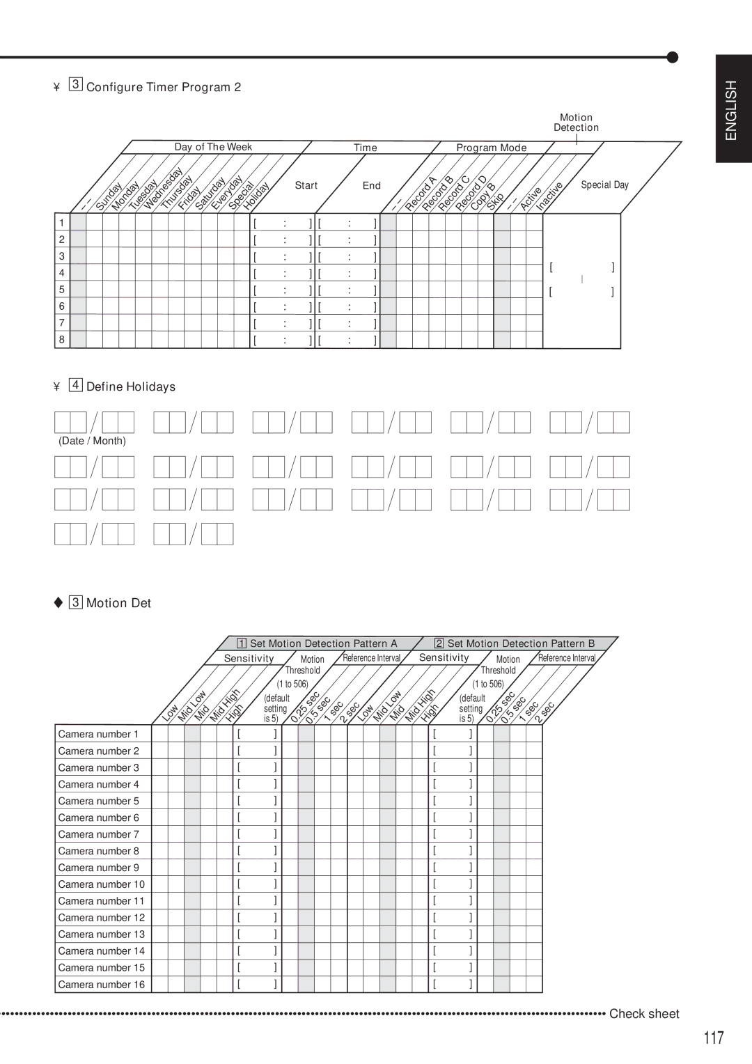 Mitsubishi Electronics DX-TL5000E instruction manual 117, Define Holidays, Motion Det 