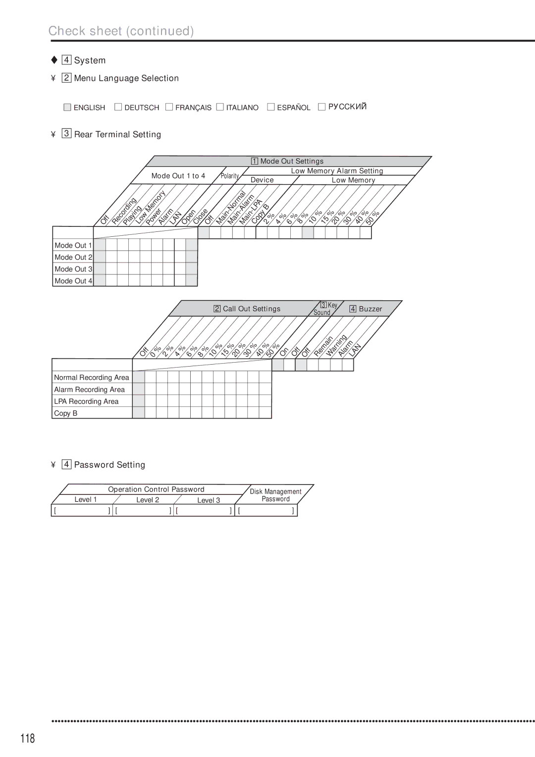 Mitsubishi Electronics DX-TL5000E 118, System Menu Language Selection, Rear Terminal Setting, Password Setting 