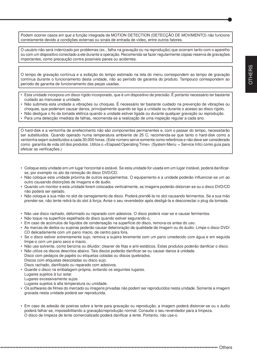 Mitsubishi Electronics DX-TL5000E instruction manual Tempo de gravação e garantia do produto, Others 