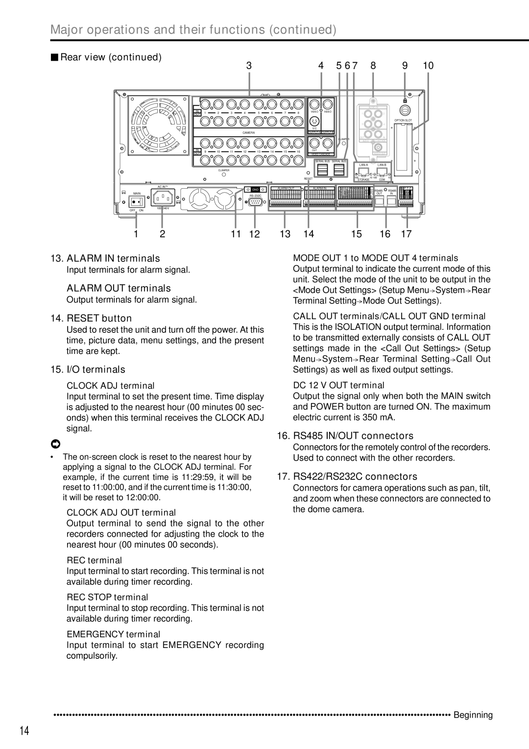 Mitsubishi Electronics DX-TL5000E Alarm in terminals, Alarm OUT terminals, Reset button, 15. I/O terminals 