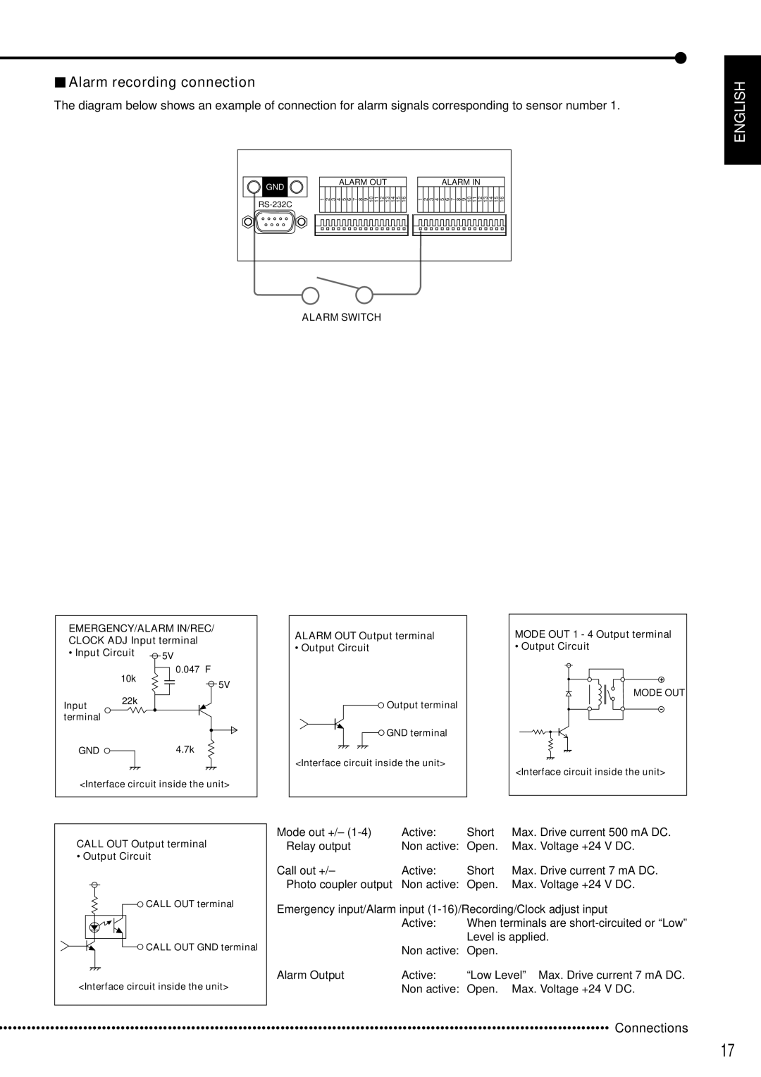 Mitsubishi Electronics DX-TL5000E instruction manual Alarm recording connection 