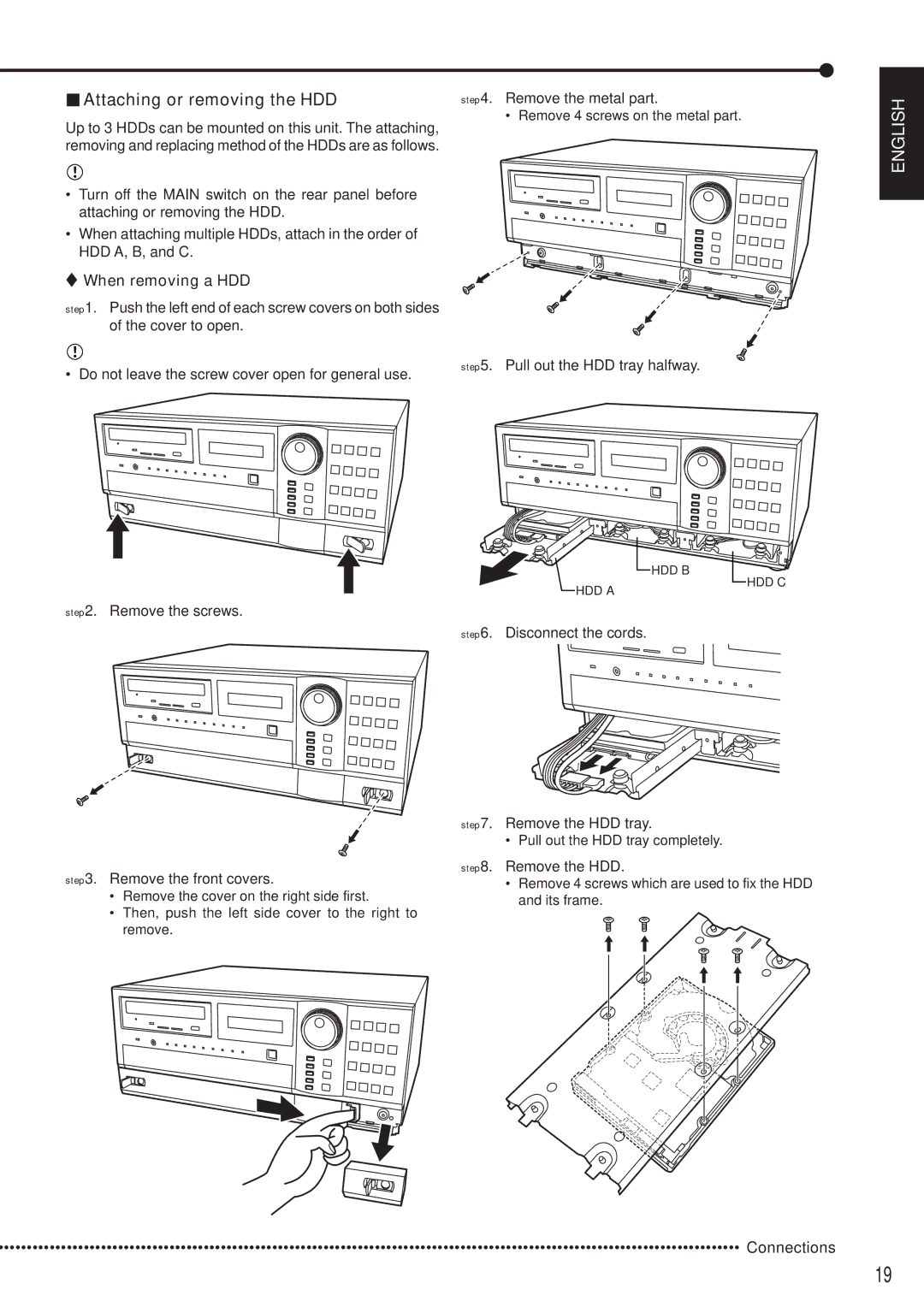 Mitsubishi Electronics DX-TL5000E instruction manual Attaching or removing the HDD, When removing a HDD 