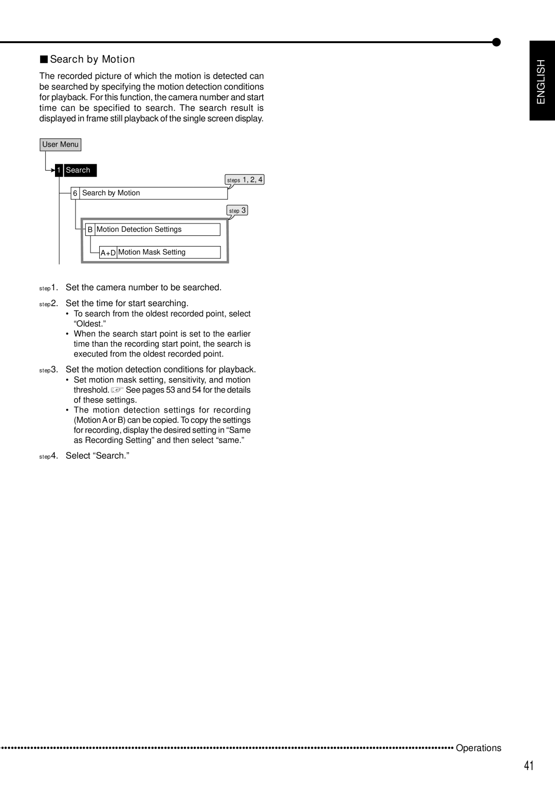 Mitsubishi Electronics DX-TL5000E Search by Motion, Set the motion detection conditions for playback, Operations 