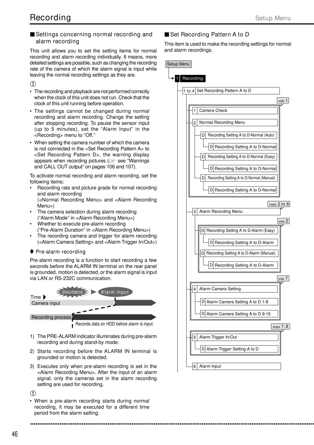 Mitsubishi Electronics DX-TL5000E Recording, Settings concerning normal recording and alarm recording, Pre-alarm recording 