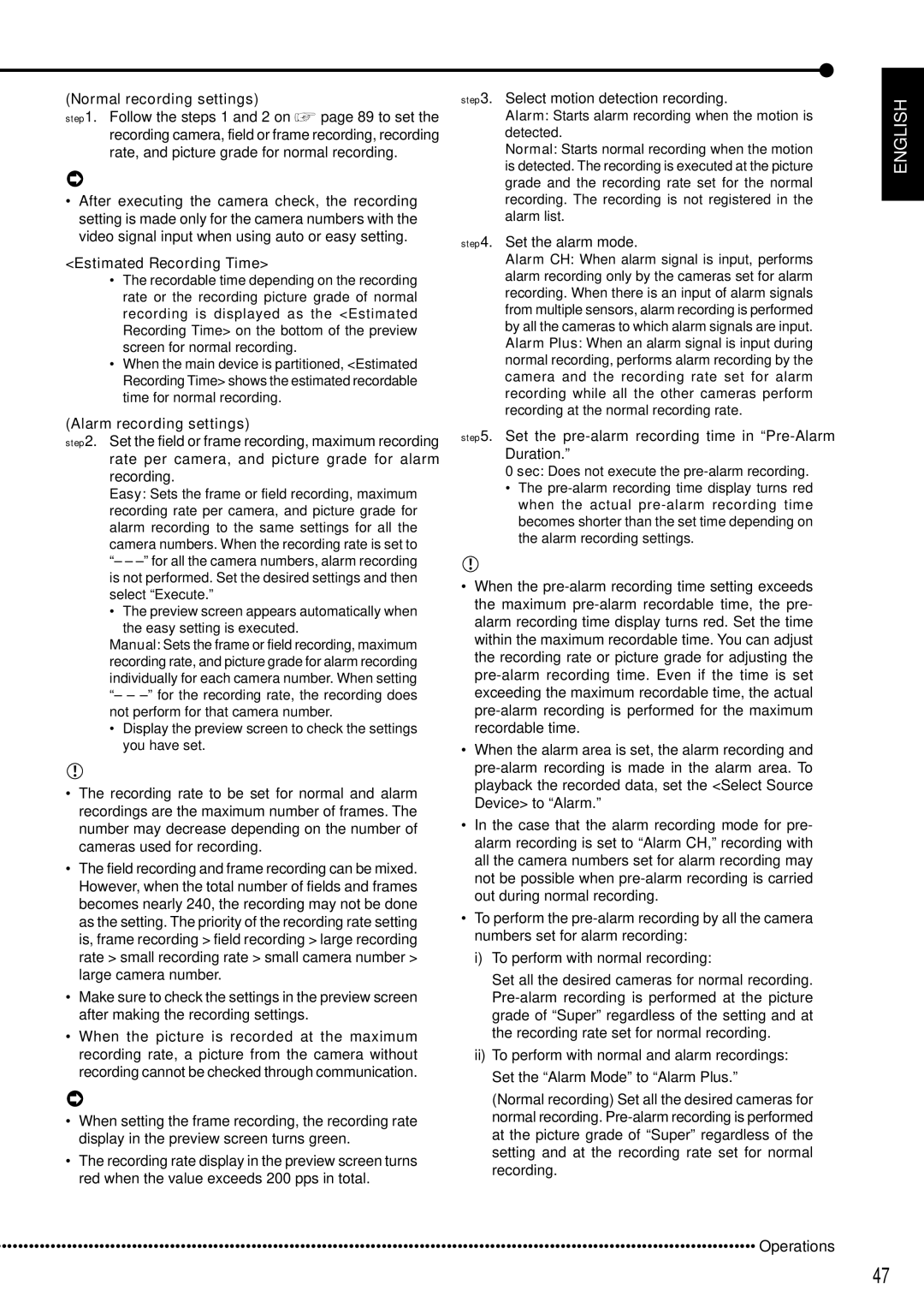 Mitsubishi Electronics DX-TL5000E Normal recording settings, Estimated Recording Time, Alarm recording settings 