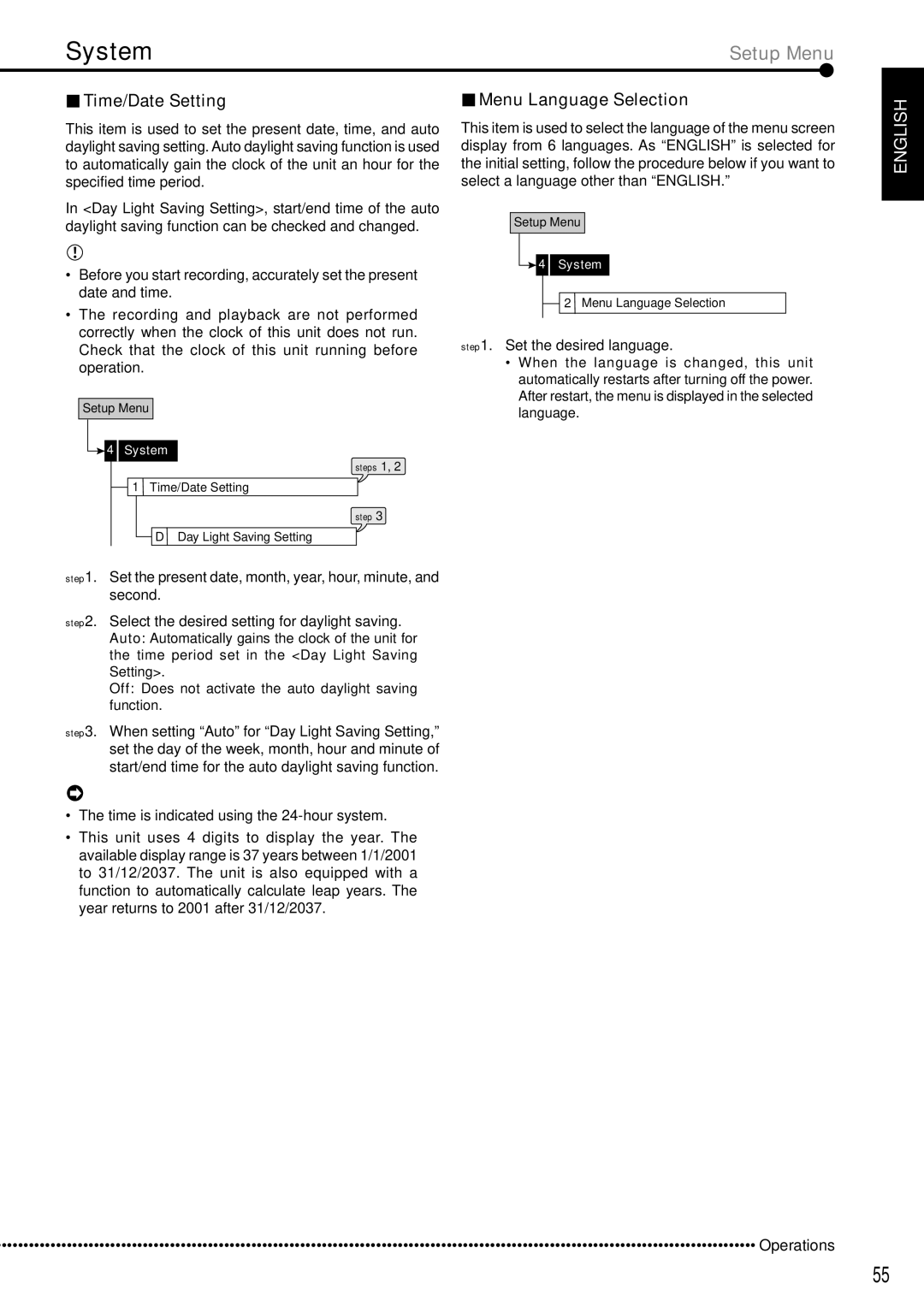 Mitsubishi Electronics DX-TL5000E System, Time/Date Setting, Menu Language Selection, Set the desired language 