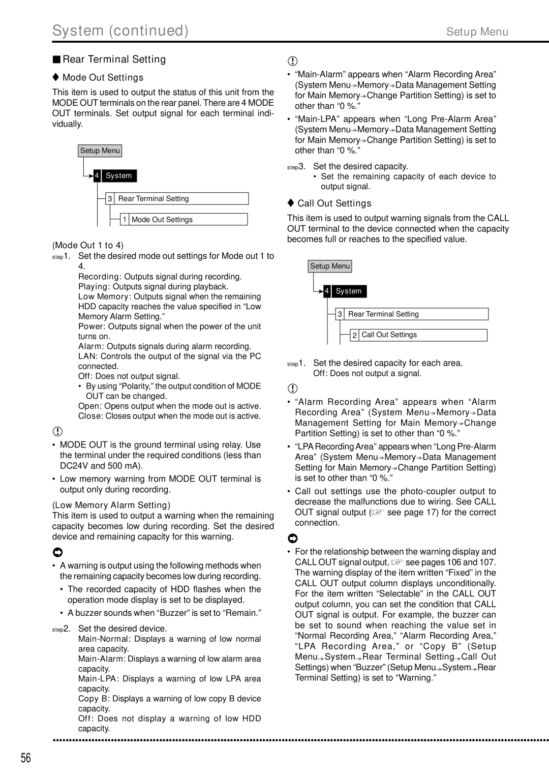 Mitsubishi Electronics DX-TL5000E Rear Terminal Setting, Mode Out Settings, Mode Out 1 to, Low Memory Alarm Setting 