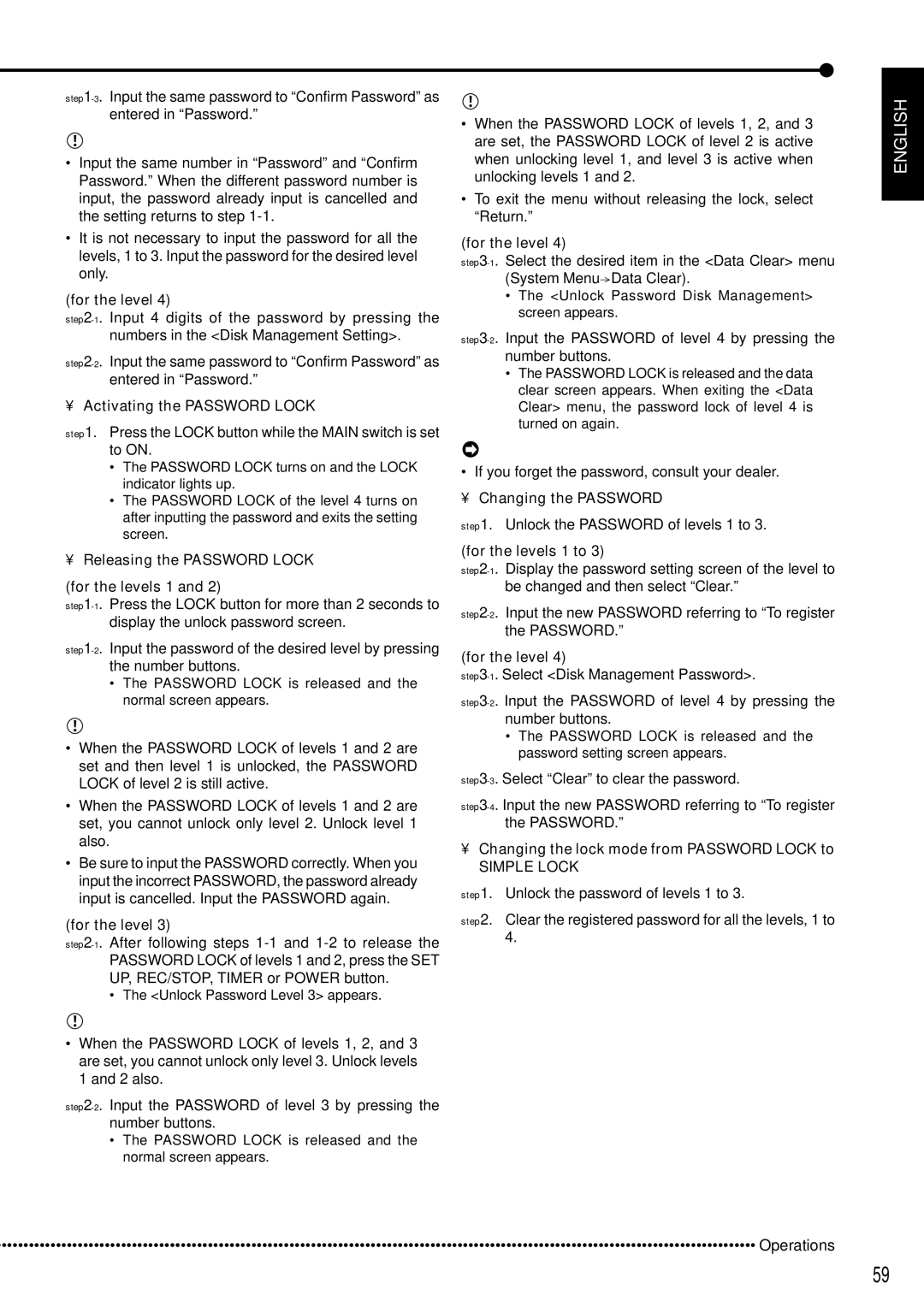 Mitsubishi Electronics DX-TL5000E instruction manual For the level, Activating the Password Lock, Changing the Password 