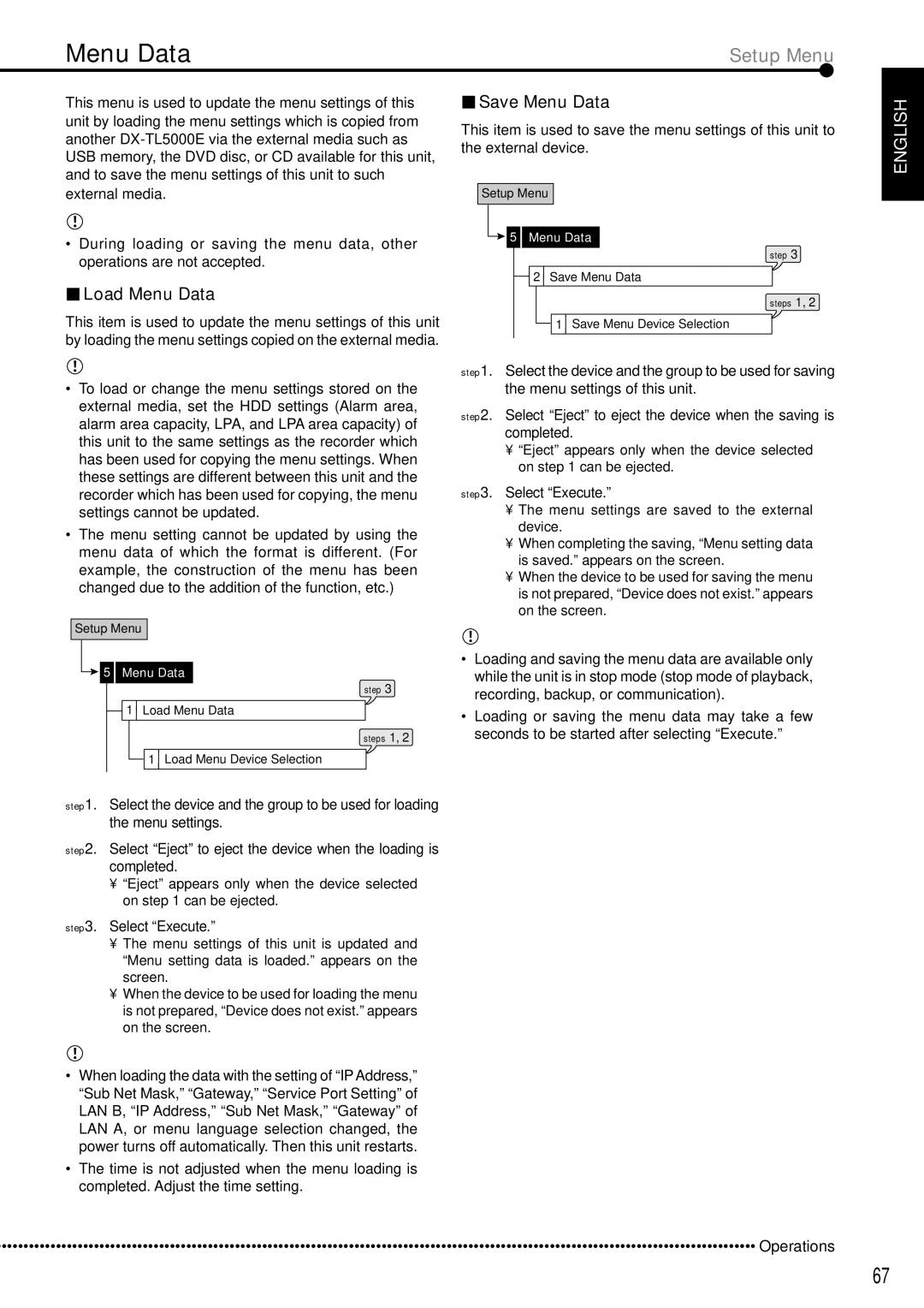 Mitsubishi Electronics DX-TL5000E instruction manual Load Menu Data, Save Menu Data 