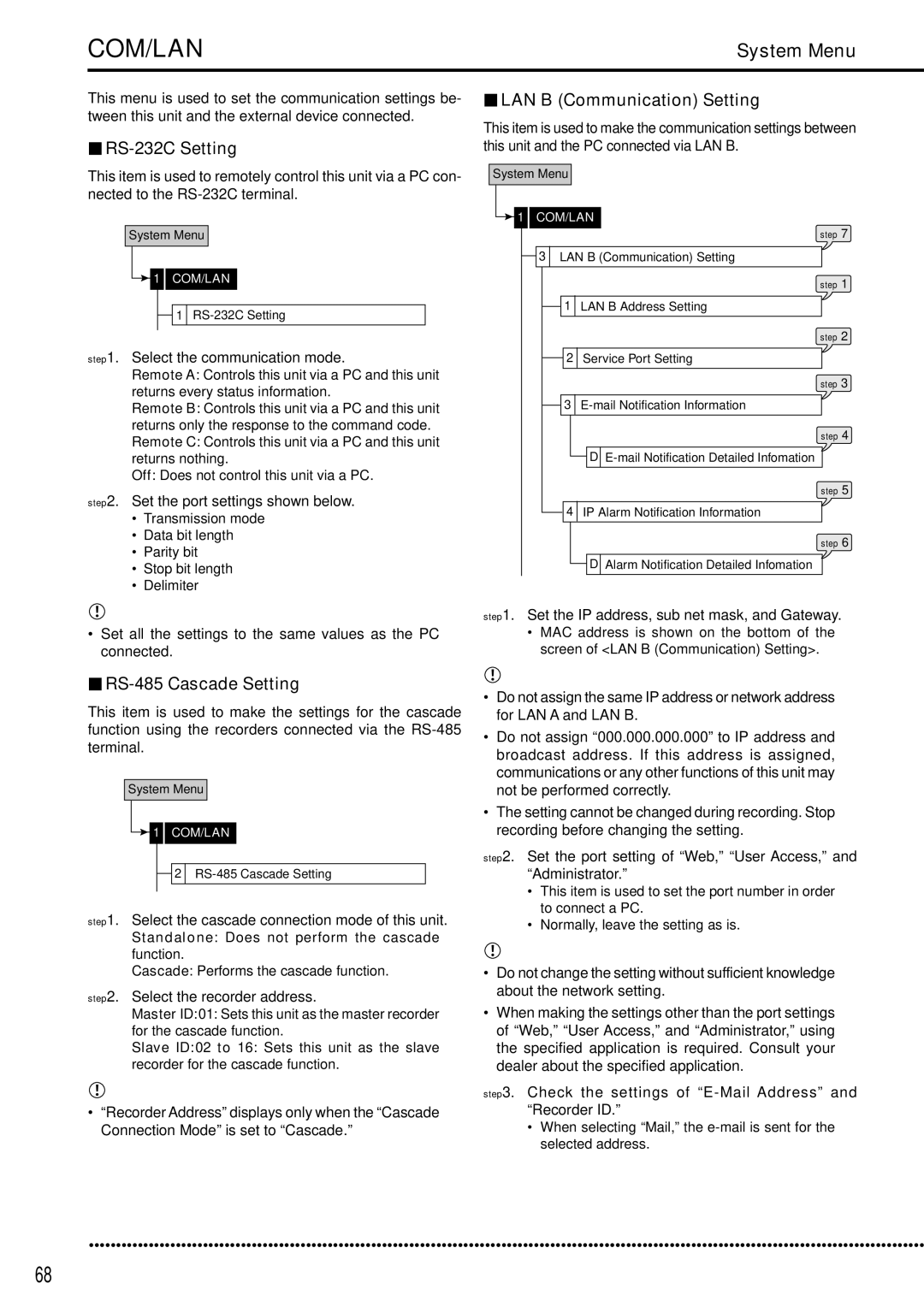 Mitsubishi Electronics DX-TL5000E instruction manual RS-232C Setting, LAN B Communication Setting, RS-485 Cascade Setting 